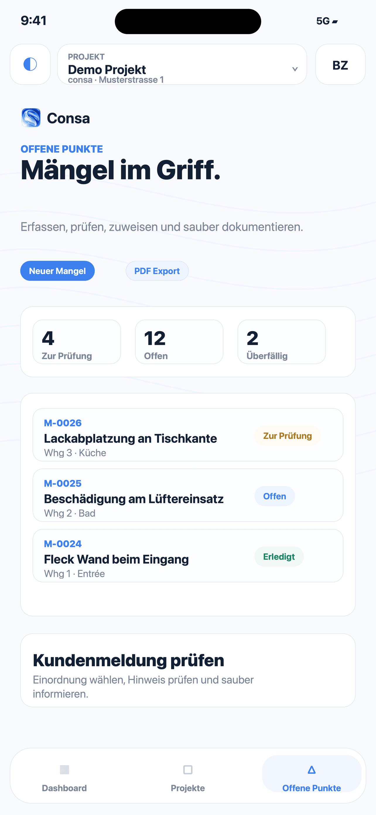 Consa App mit Übersicht der offenen Mängel und ihrem Prüfstatus